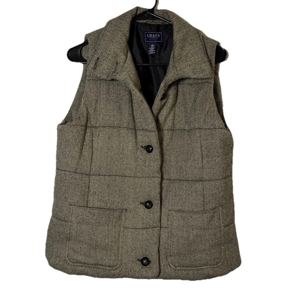 Chaps Denim Herringbone Wool Blend Vest Womens L Gray Button Front Puffer